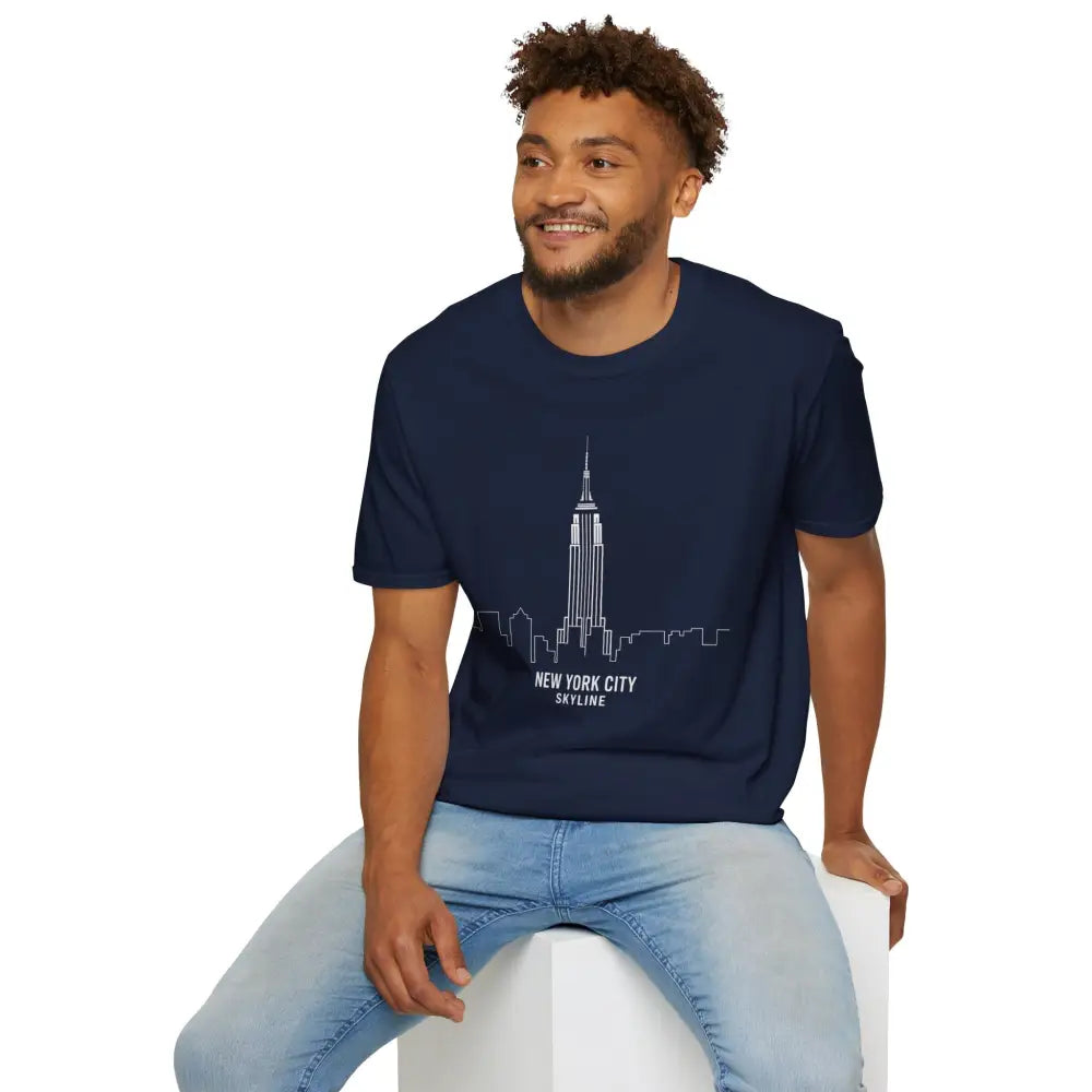 Man wearing navy New York City Skyline T-Shirt with Empire State Building, machine washable