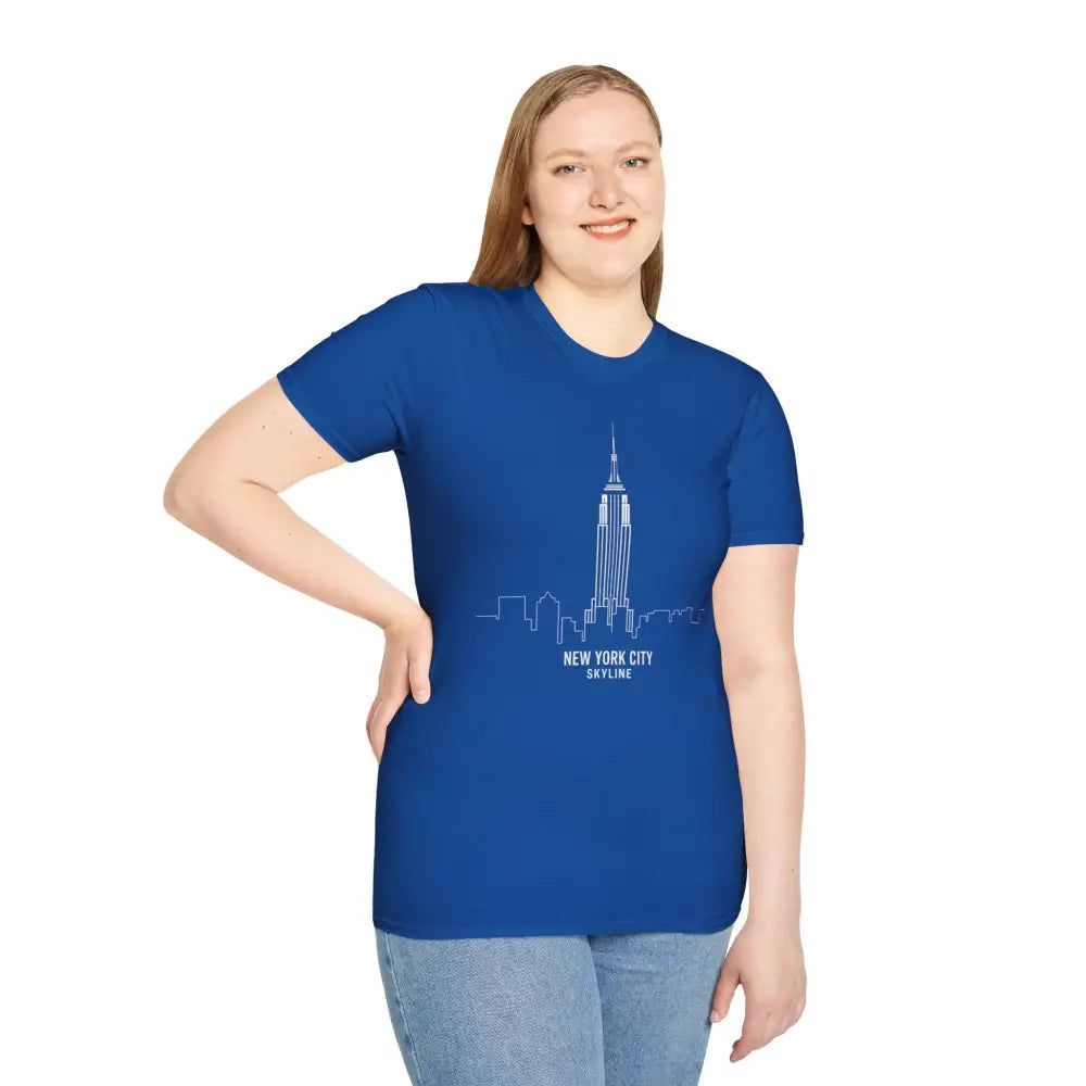 Blue T-shirt with white New York City skyline graphic, machine washable, low heat, tumble dry friendly