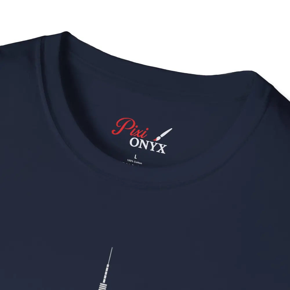 Dark blue crew neck T-shirt with brand label, suitable for machine wash and tumble dry