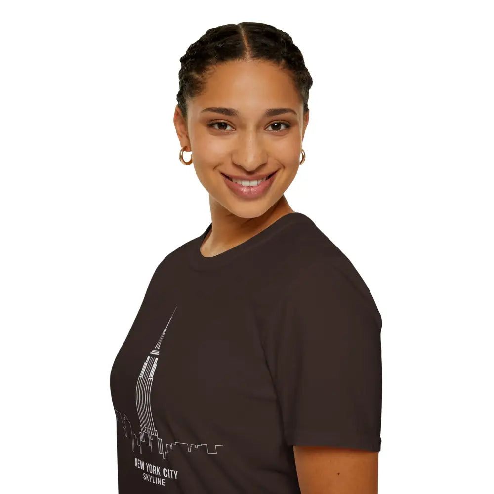 Smiling woman wearing New York City Skyline T-Shirt with white skyline graphic, machine washable