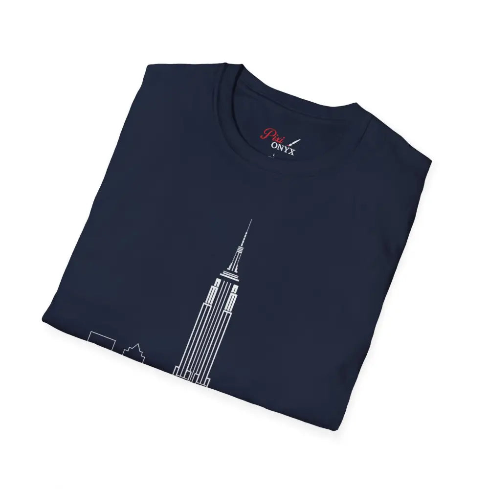 Dark blue crew-neck T-Shirt with white Empire State Building line art, machine wash, low heat tumble dry