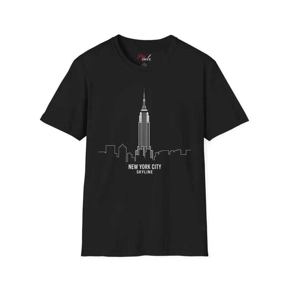 Black short-sleeved crew-neck T-shirt with NYC skyline outline, machine wash, low heat, tumble dry