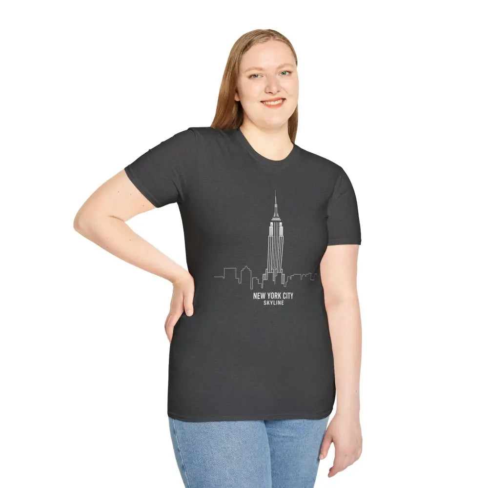Woman in dark gray New York City skyline graphic T-shirt ideal for machine wash and tumble dry