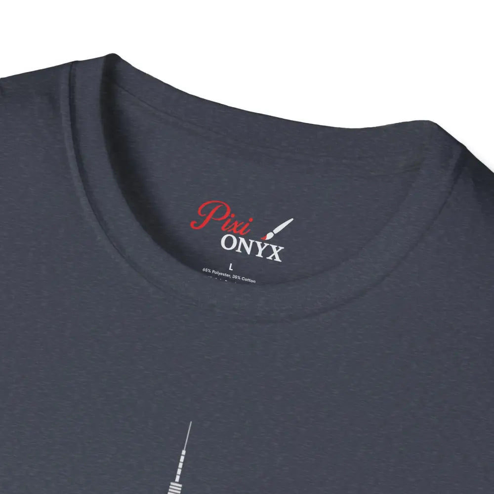 Dark grey unisex NYC Skyline T-Shirt with red and white brand label, machine washable