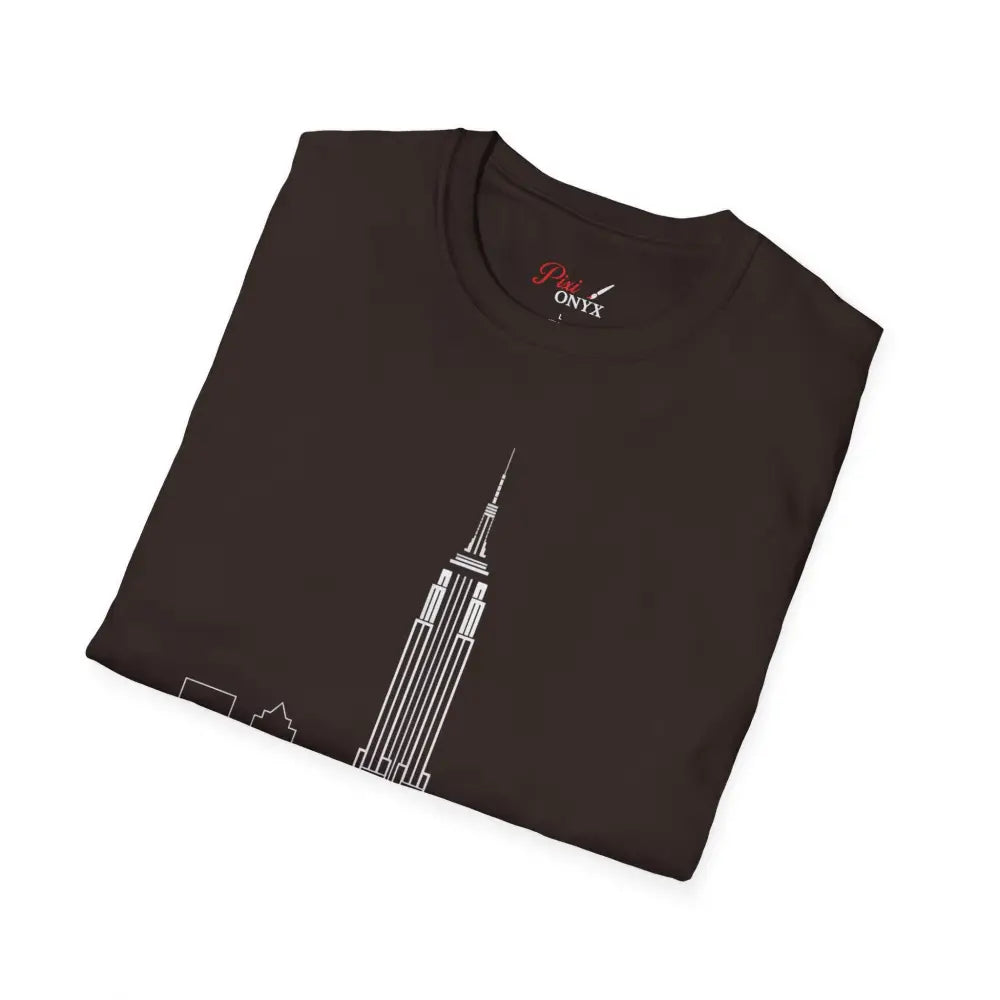 Dark brown New York City Skyline T-Shirt with white Empire State Building outline, machine washable