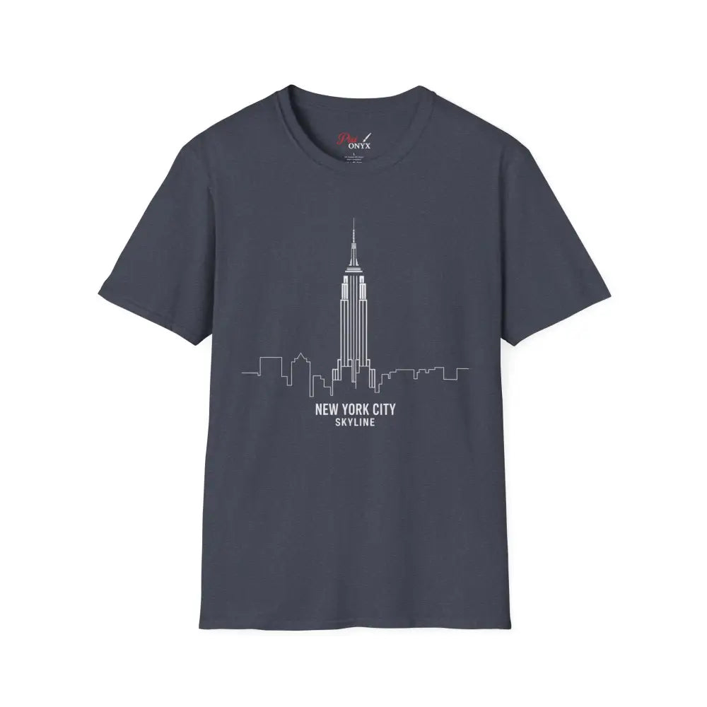 Charcoal gray NYC skyline T-shirt with white outline of Empire State Building, machine washable