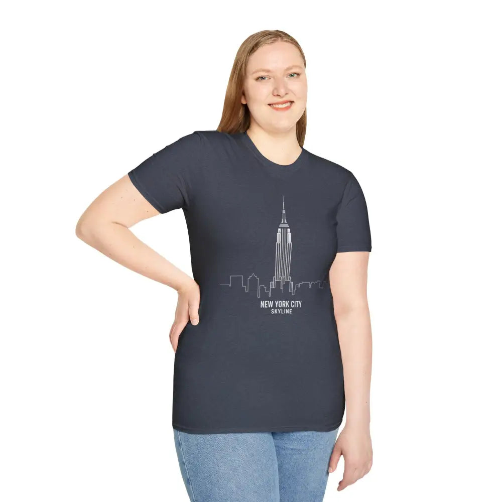 Smiling woman wearing a unisex softstyle T-shirt with NYC skyline graphic and ribbed knit collar