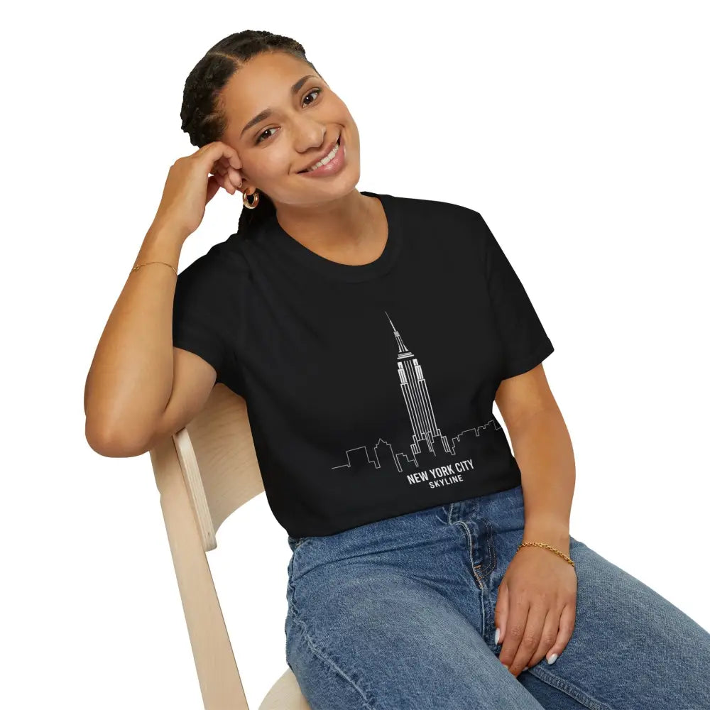 Black short-sleeved crop top with NYC skyline graphic, machine wash, low heat, tumble dry