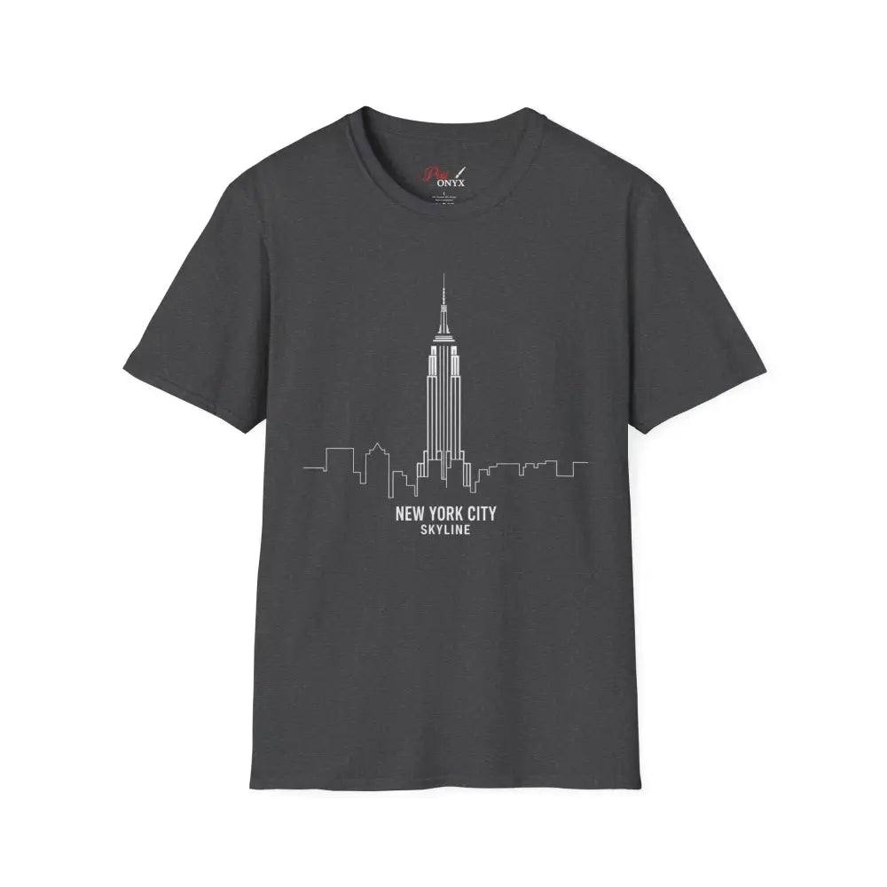 Dark gray NYC skyline T-shirt with white outline, machine washable, low heat, tumble dry friendly
