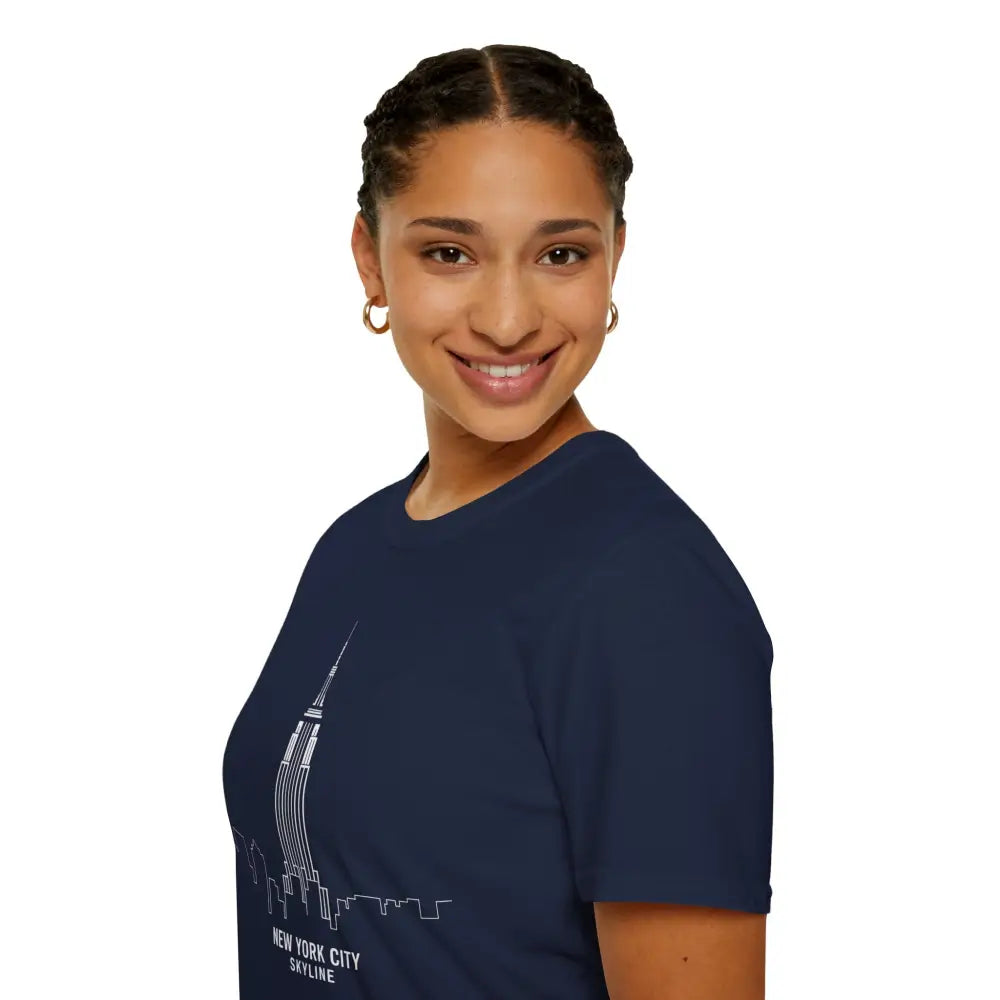 Smiling woman in navy NYC skyline T-shirt, machine wash, tumble dry, low heat friendly