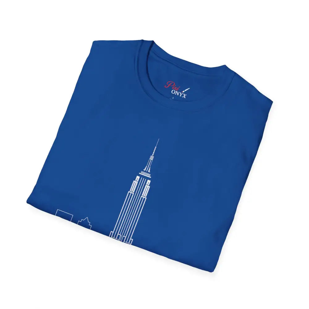 Blue T-shirt with white Empire State Building outline, machine washable, low heat tumble dry