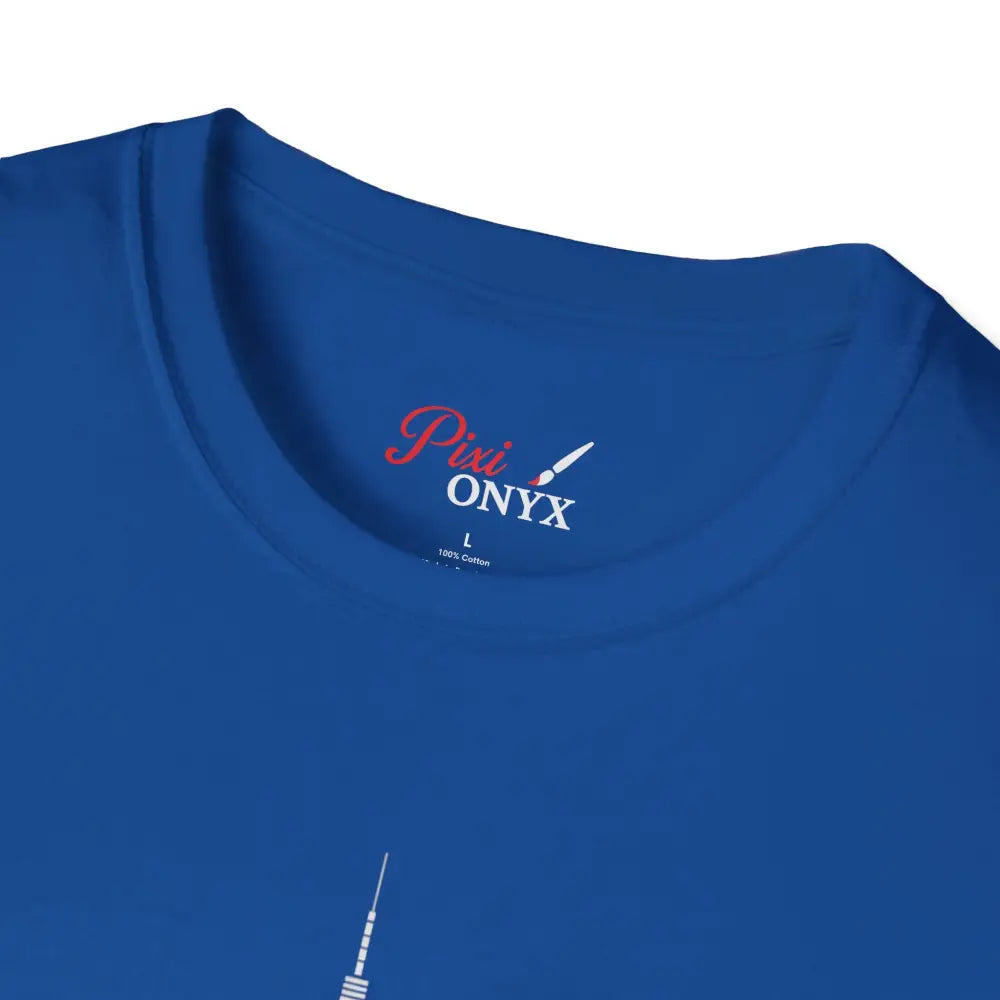Blue crewneck T-shirt with tagless label, machine washable, tumble dry low heat, NYC skyline design
