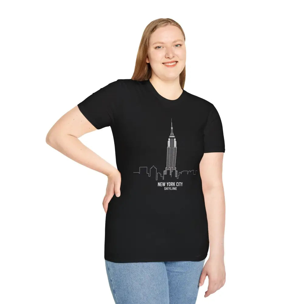 Black short-sleeve T-shirt with NYC skyline line art, machine washable, tumble dry low heat