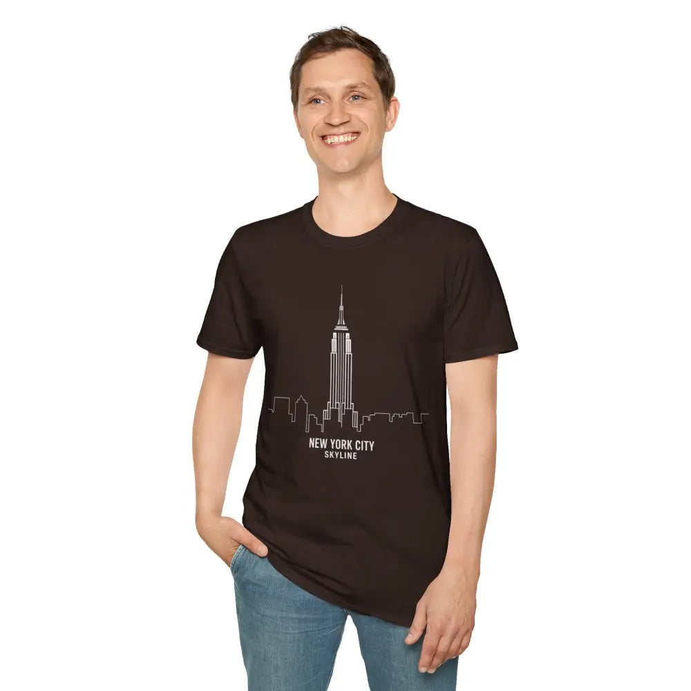 Man wearing dark brown New York City Skyline T-Shirt with white skyline graphic, machine washable