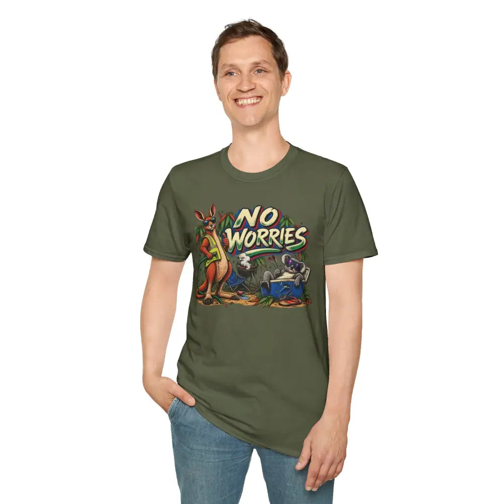 Olive green cotton t-shirt made of ring-spun cotton with colorful no worries graphic and low heat care instructions