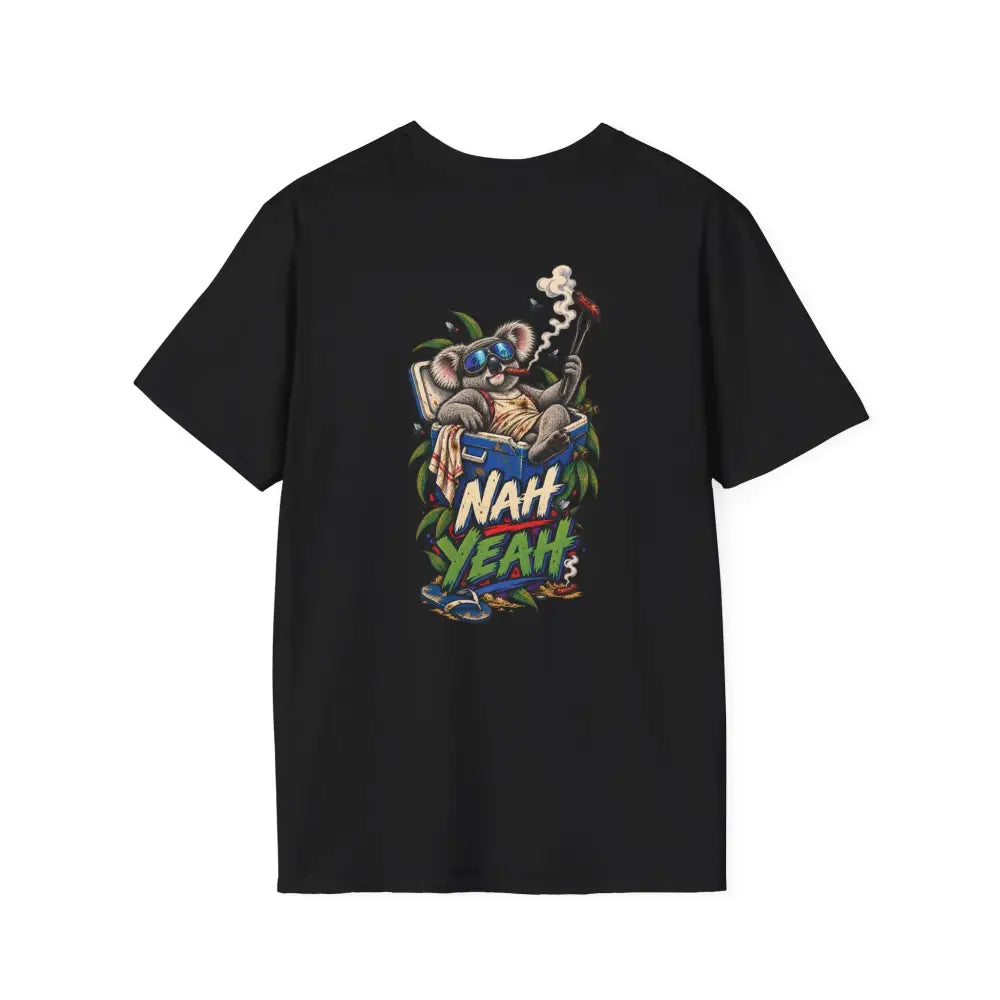 Black short-sleeved ring-spun cotton t-shirt with colorful koala graphic and nah yeah text, care instructions recommend low heat