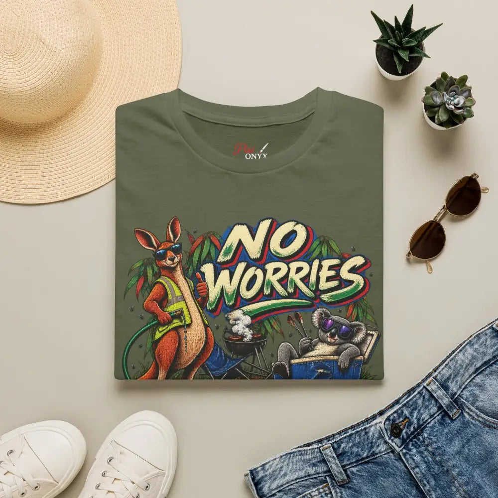 Olive green ony brand no worries unisex t-shirt with colorful cartoon kangaroo and koala in sunglasses made of ring-spun cotton with low heat care instructions