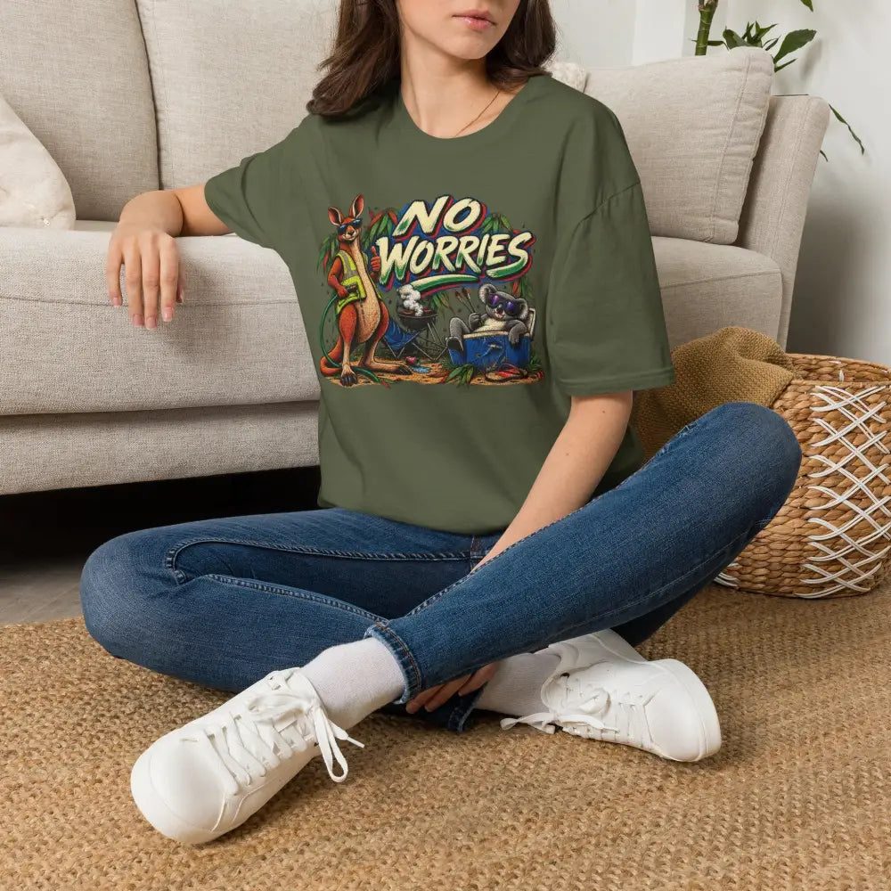 Olive green no worries unisex t-shirt with colorful kangaroo graphic made of ring-spun cotton with low heat care instructions