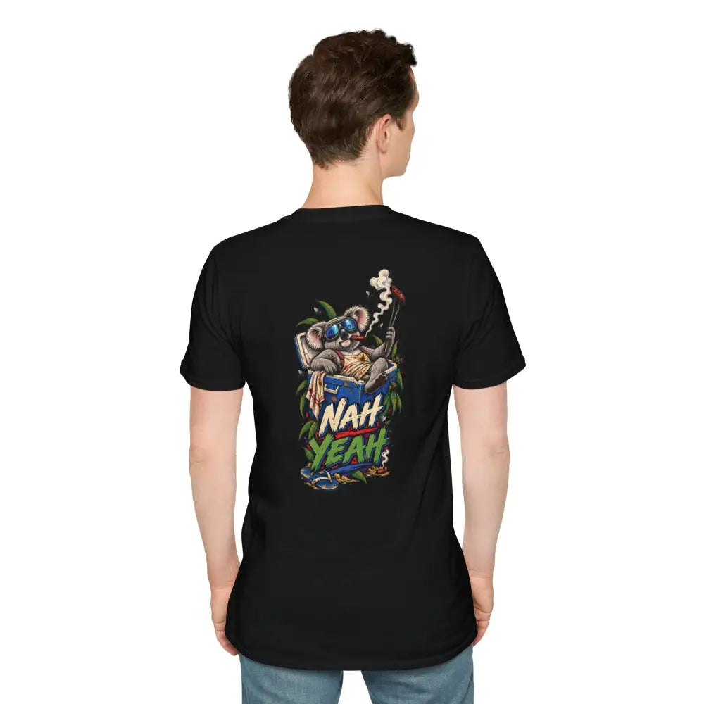 Black short-sleeved no worries unisex t-shirt with colorful koala graphic in ring-spun cotton low heat care instructions
