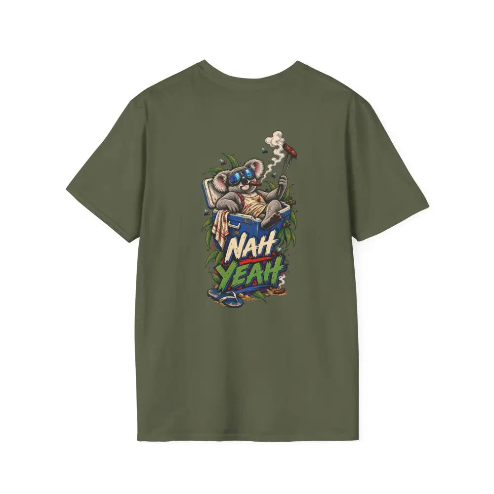 Olive green no worries unisex t-shirt with colorful koala print made of ring-spun cotton with low heat care instructions