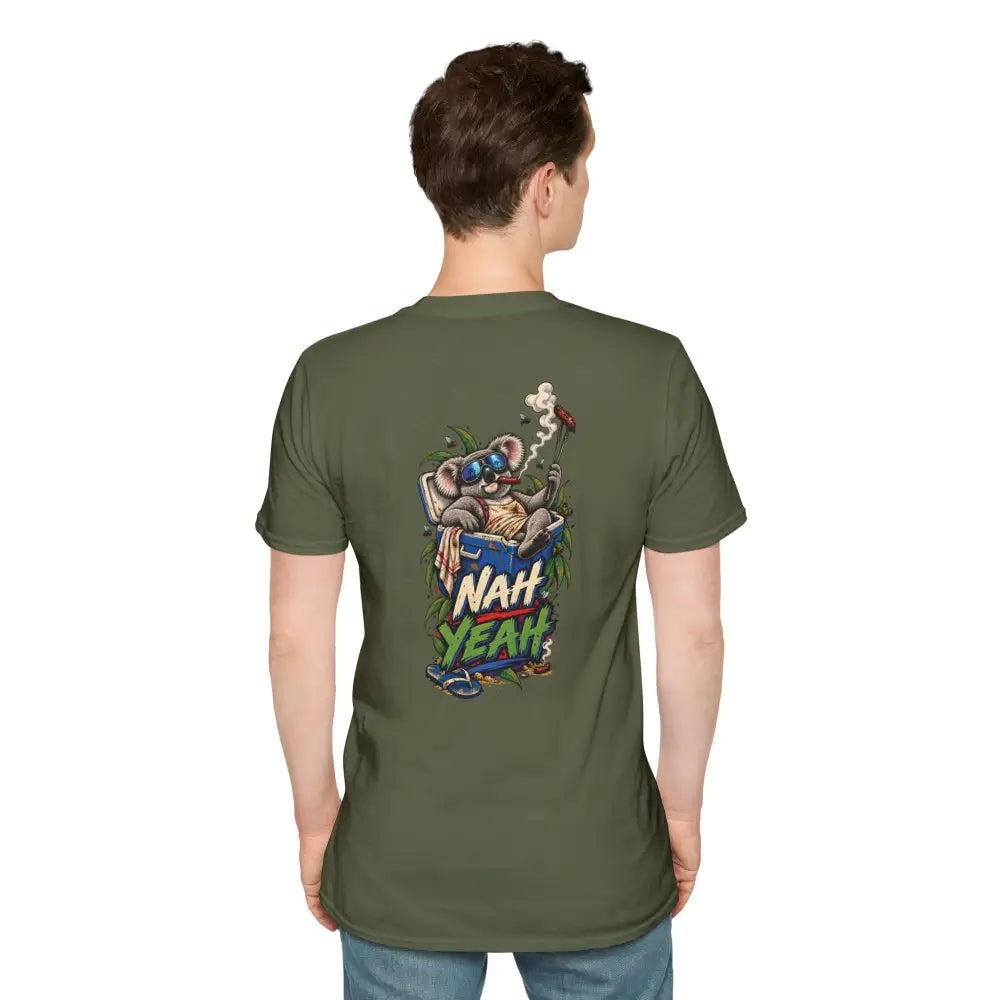 Olive green no worries unisex t-shirt with cartoon koala in cooler printed on ring-spun cotton, low heat care instructions