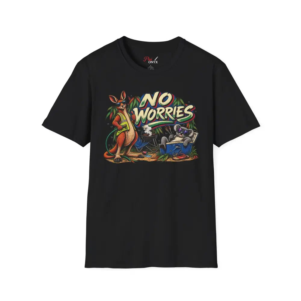 Black ring-spun cotton no worries unisex t-shirt with colorful cartoon kangaroo and koala graphic and low heat care instructions