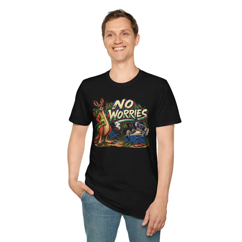 Black ring-spun cotton t-shirt with colorful no worries graphic and tropical kangaroo scene low heat care instructions