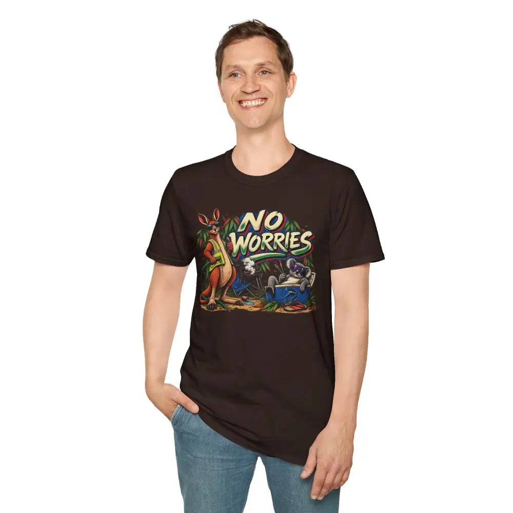 Black low heat ring-spun cotton t-shirt with colorful no worries kangaroo and cartoon car graphic for casual wear