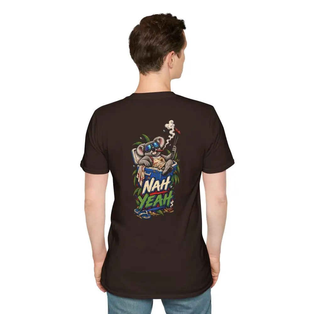 Black no worries unisex t-shirt with colorful koala graphic smoking and nah yeah text made of ring-spun cotton with low heat care instructions