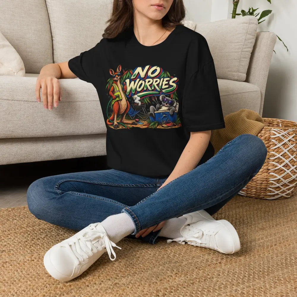 Black ring-spun cotton no worries unisex t-shirt with colorful kangaroo and koala graphic and low heat care instructions