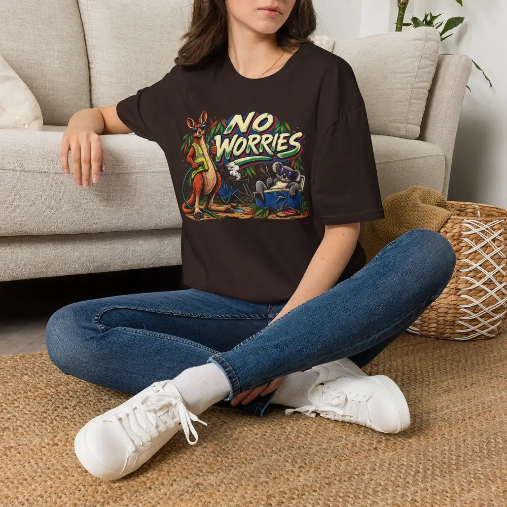 Black cotton no worries unisex t-shirt with colorful kangaroo and koala graphic made of ring-spun cotton care instructions low heat