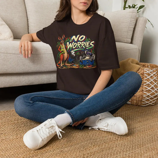 Black cotton no worries unisex t-shirt with colorful kangaroo and koala graphic made of ring-spun cotton care instructions low heat