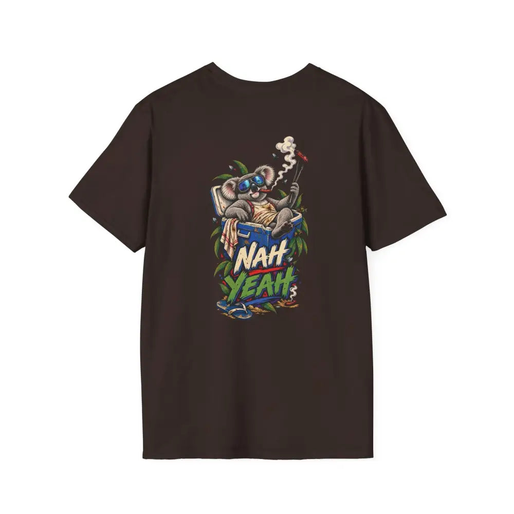 Dark brown no worries unisex t-shirt with colorful koala graphic made of ring-spun cotton with low heat care instructions