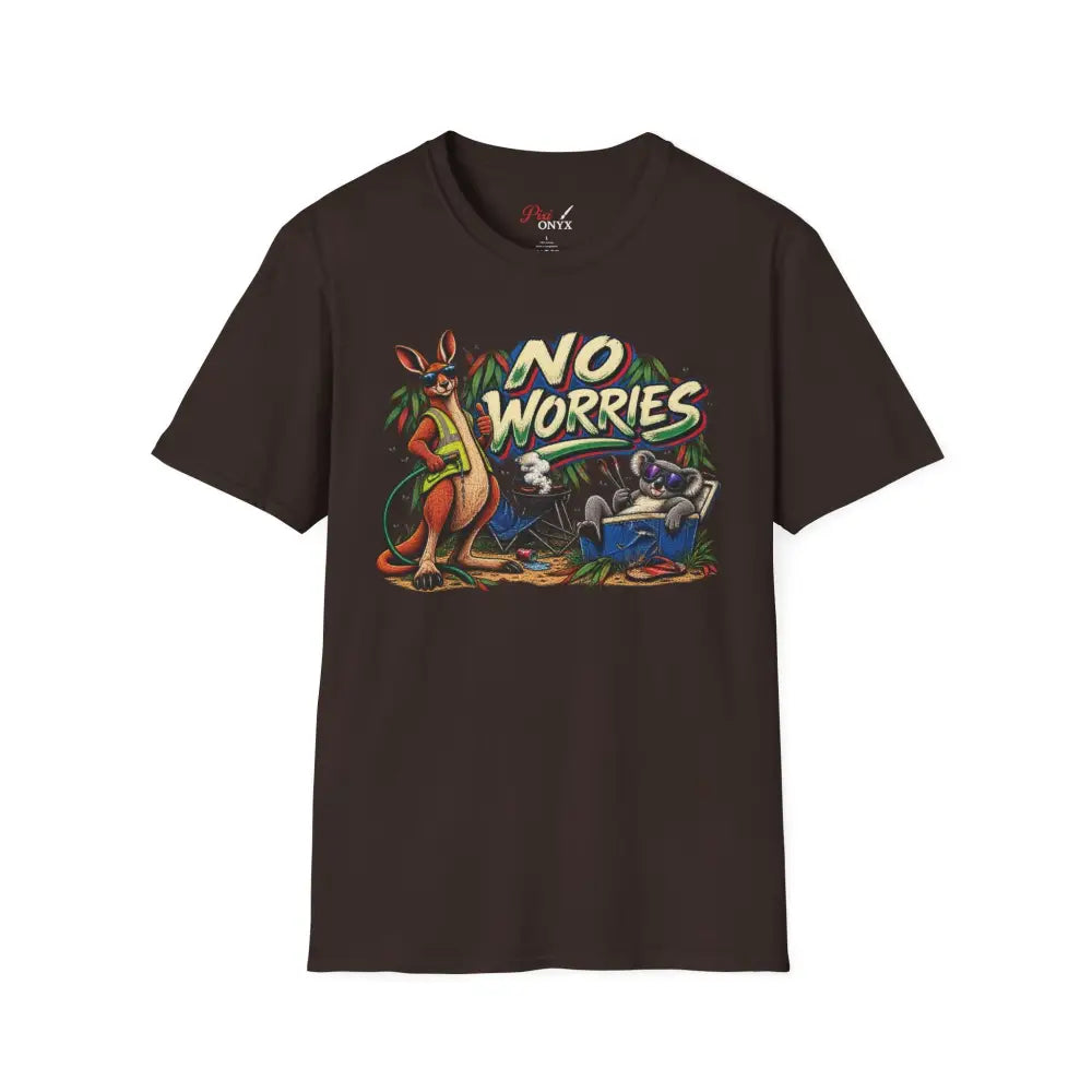 Dark brown ring-spun cotton no worries unisex t-shirt with colorful kangaroo and koala graphic and low heat care instructions