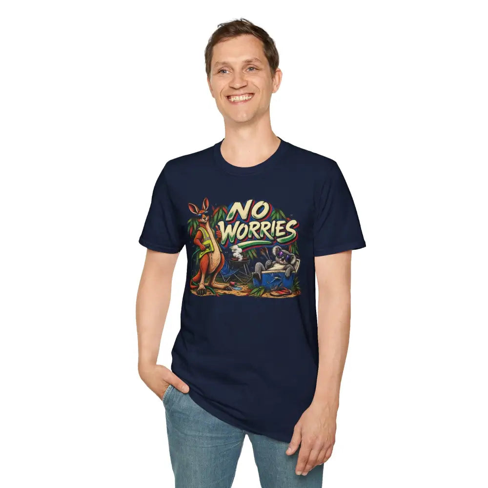 Navy blue low heat ring-spun cotton no worries unisex t-shirt with colorful kangaroo graphic and stylized text