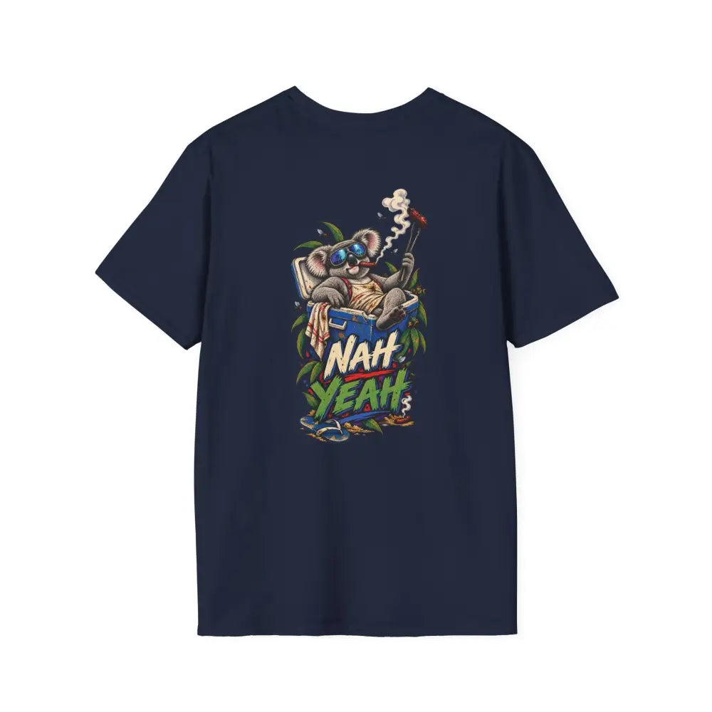 Navy blue short-sleeved t-shirt with colorful koala graphic made from ring-spun cotton featuring low heat care instructions