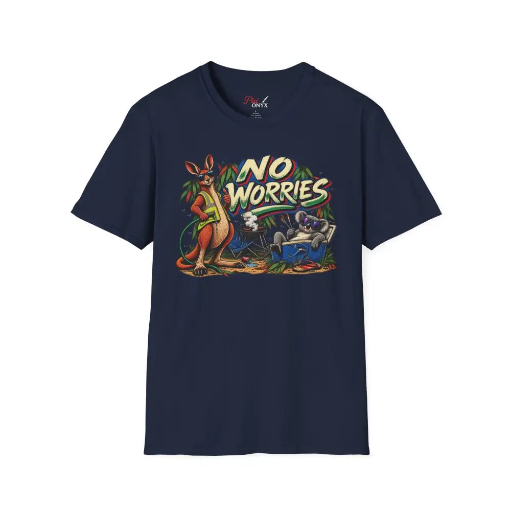 Navy blue no worries unisex t-shirt with colorful kangaroo and koala graphic made of ring-spun cotton, care instructions low heat