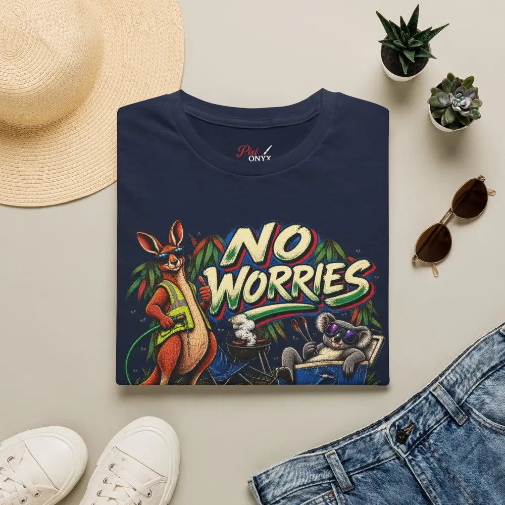 Navy blue no worries unisex t-shirt with vibrant kangaroo and koala graphic made of ring-spun cotton with low heat care instructions