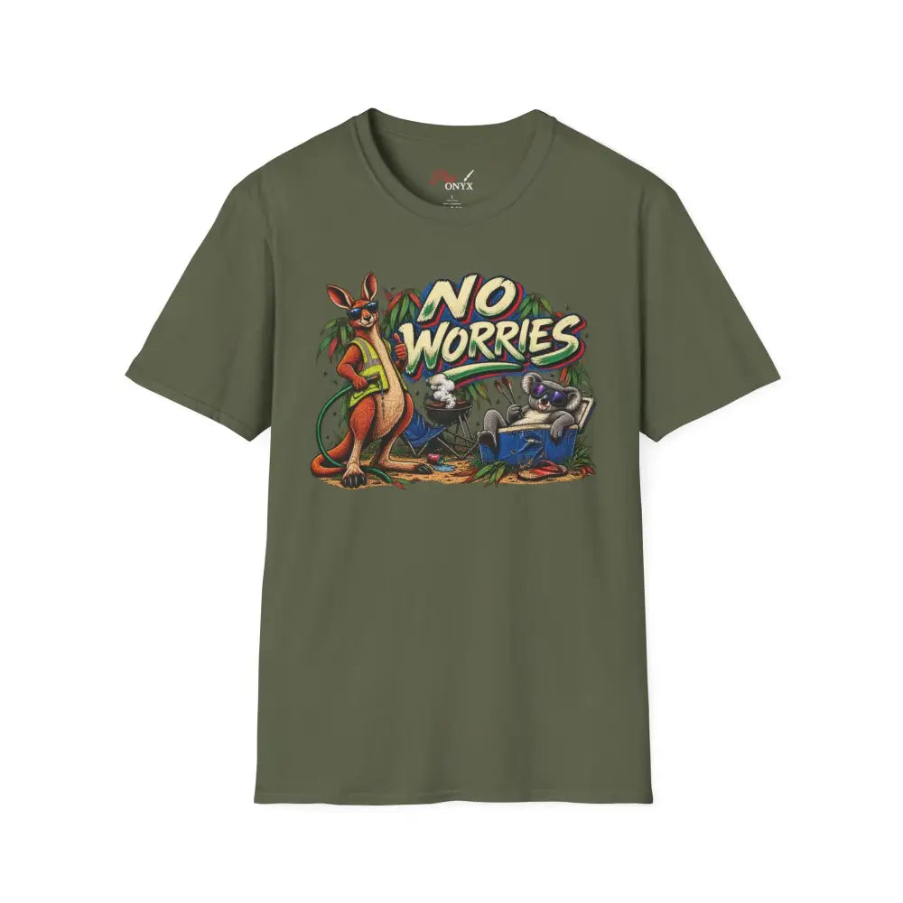 Onty olive green ring-spun cotton unisex t-shirt with colorful no worries graphic featuring cartoon kangaroo and koala, care instructions low heat