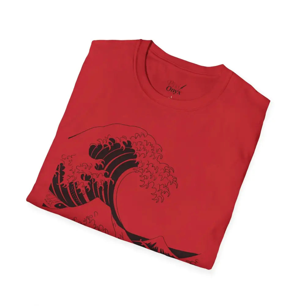 Red unisex t-shirt with black wave graphic, highly elastic ribbed, summer casual wear