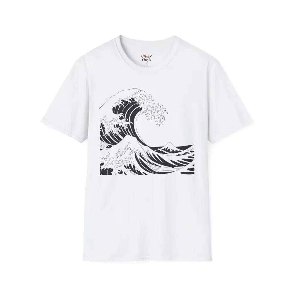 White unisex t-shirt with black wave graphic, highly elastic ribbed, relaxed fit, beach vibes