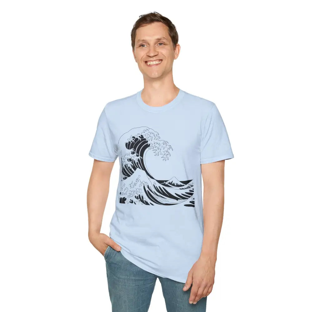 Light blue unisex t-shirt with wave design, highly elastic ribbed, summer casual wear