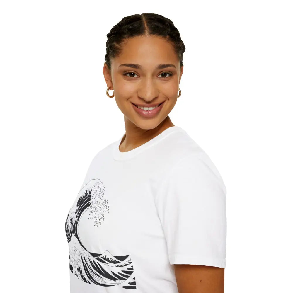 White unisex t-shirt with black wave and mountain graphic, highly elastic ribbed fit