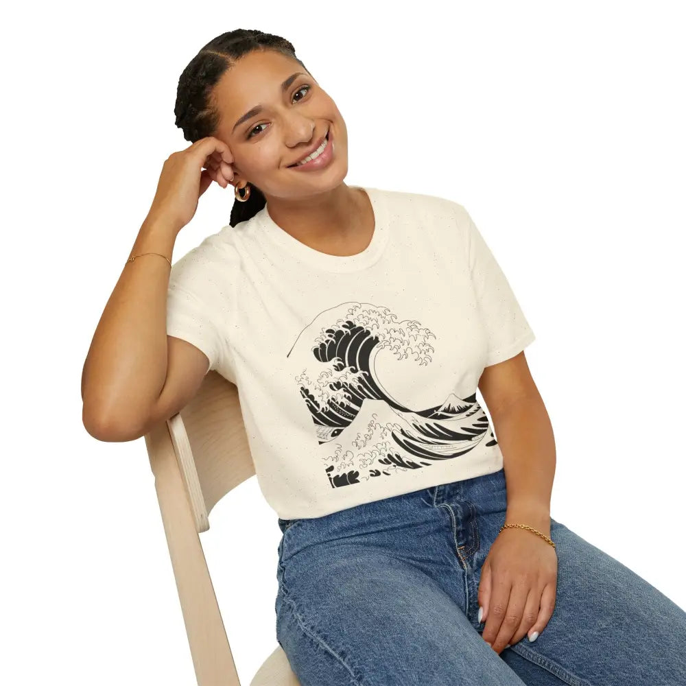 Off-white unisex t-shirt with black wave graphic, highly elastic ribbed, summer casual wear