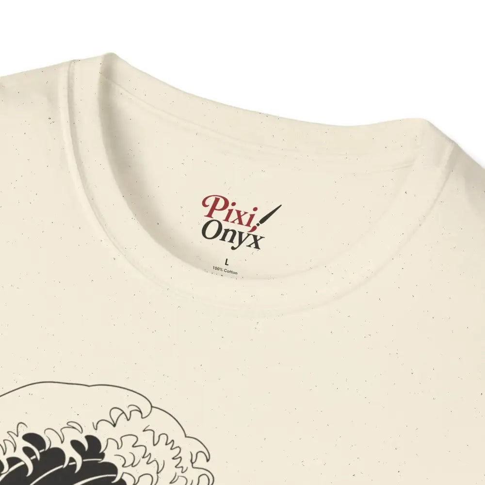 Cream-colored unisex t-shirt with ocean wave graphic, highly elastic ribbed, summer casual wear