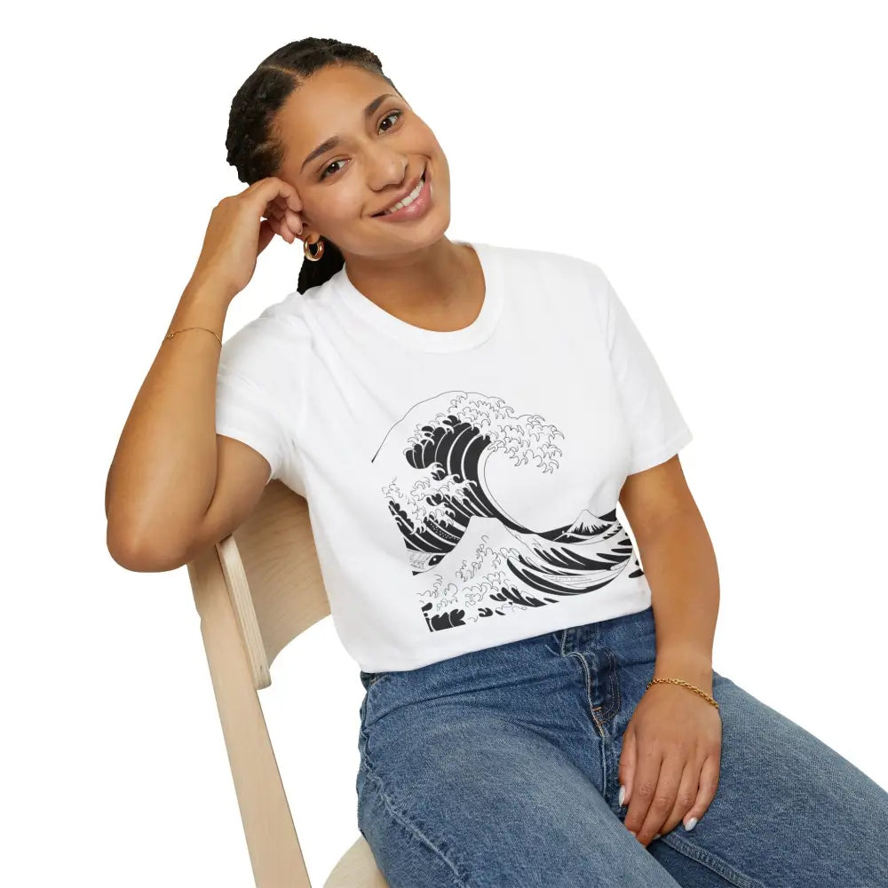 Woman wearing Ocean Wave Unisex T-Shirt with black wave design and blue jeans