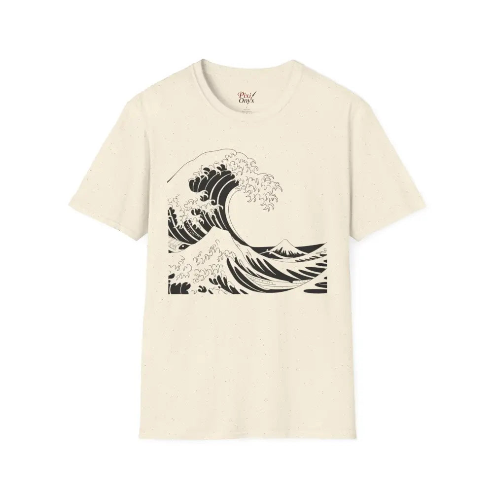 Off-white unisex t-shirt with black wave line drawing, highly elastic ribbed, summer casual wear