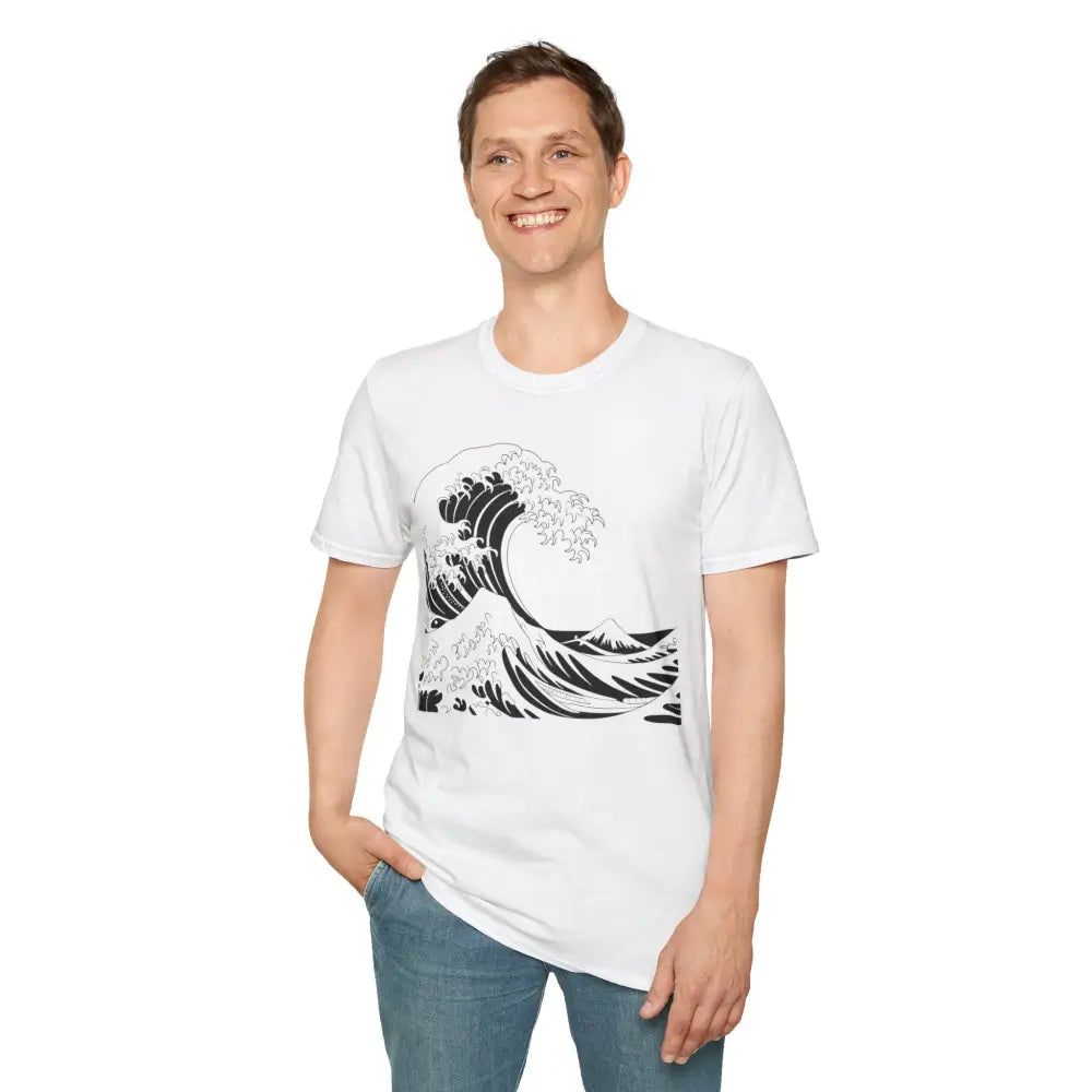 White unisex t-shirt with a black and white ocean wave graphic, highly elastic ribbed design