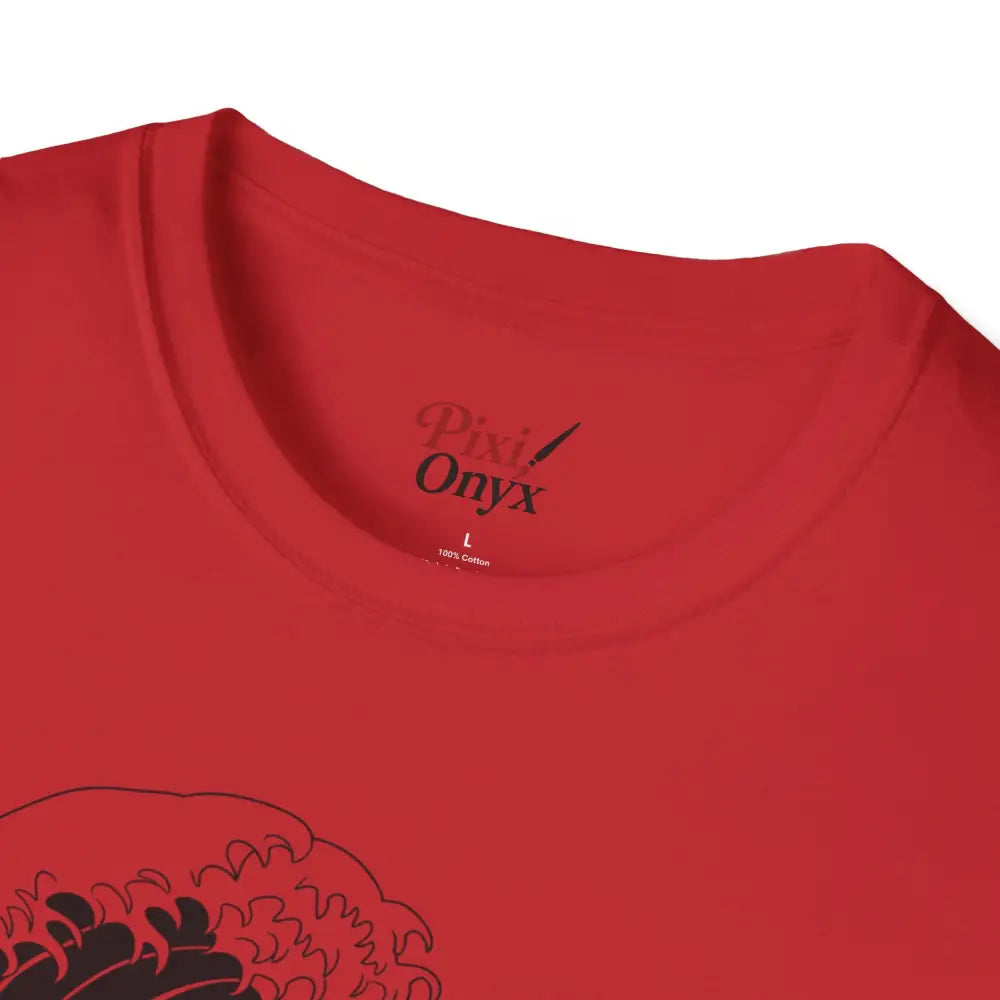 Red unisex t-shirt with black wave design, highly elastic ribbed, beach vibe casual wear
