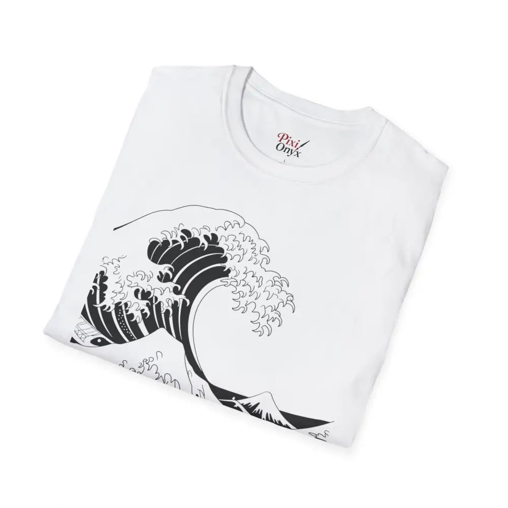 White unisex t-shirt with black wave and mountain design, highly elastic ribbed summer casual wear